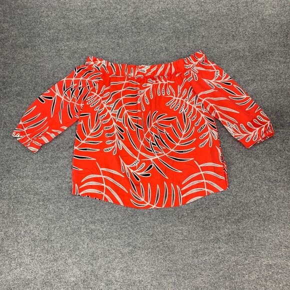 Halogen Off Shoulder Blouse Womens S Small Poppy Leaf Crop Top Mid Sleeve Shirt - Picture 2 of 8